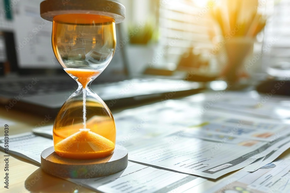 Poster close-up of hourglass and invoice on cluttered desk: a visual representation of being behind on paym
