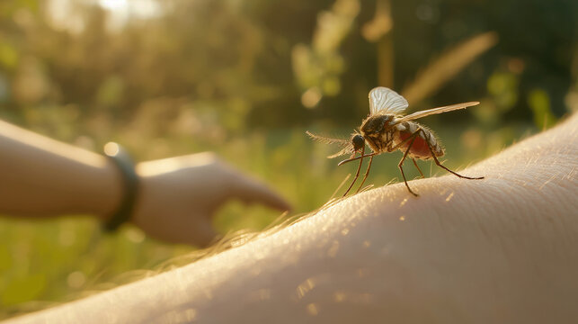 Mosquito flying near a person's arm with a visible red bite, highlighting the interaction between the insect and human skin