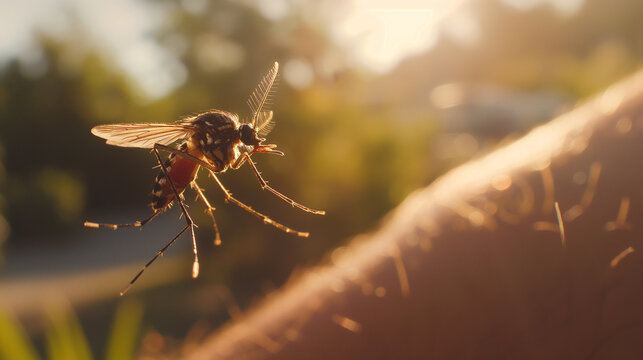 Mosquito flying near a person's arm with a visible red bite, highlighting the interaction between the insect and human skin