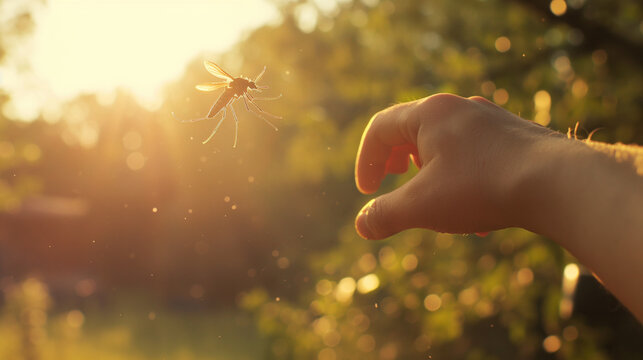 Mosquito flying near a person's arm with a visible red bite, highlighting the interaction between the insect and human skin