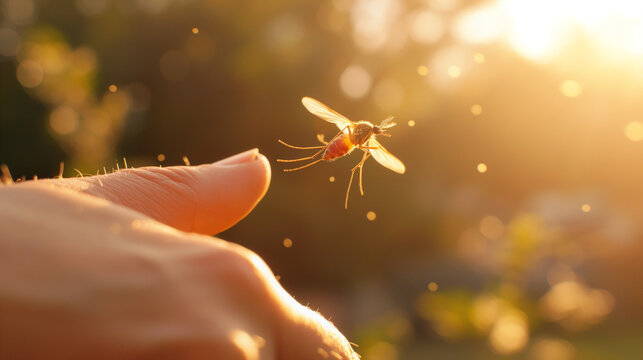 Mosquito flying near a person's arm with a visible red bite, highlighting the interaction between the insect and human skin