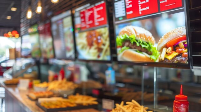 Close-up shot of fast food menu with hamburgers, fries, and other items. Mounted on wall above counter with food items, fries, and ketchup.