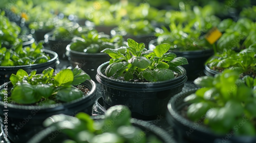 Poster a close-up image of multiple green seedlings growing in black pots under bright lights.