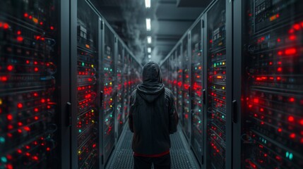 Masked Hacker in a Hoodie Standing Among Corporate Servers in a Data Center