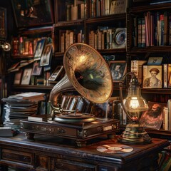 Vintage gramophone on a wooden desk surrounded by old books, framed photos, and a lantern in a cozy, nostalgic room.