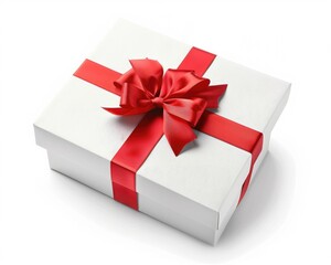 Christmas Box Open. White Gift Box with Red Bow and Ribbon - Clipping Path Included