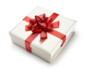 Christmas Box Open. White Gift Package with Red Ribbon and Bow - Isolated on White Background