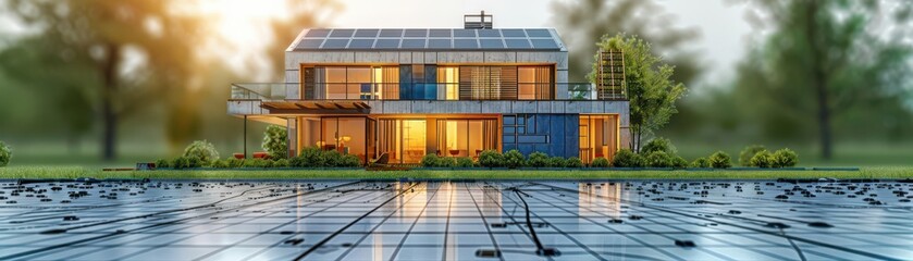 Fototapeta premium Modern house with solar panels, surrounded by greenery and pool. Sustainable architecture design.