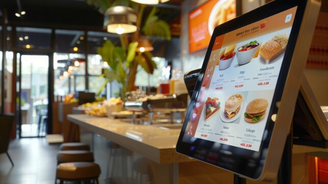 A digital menu screen displaying a variety of food options, including burgers and salads, at a modern restaurant.