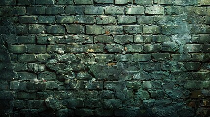   A close-up of a brick wall with grungy paint peeling off the top and bottom