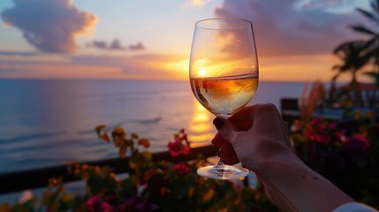 Obraz premium Wine Vacation. Enjoying a Glass of Wine at Sunset for a Relaxing Weekend Getaway