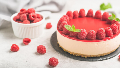 Tasty raspberry cheesecake. Cream mousse cake with berries. Delicious dessert. Sweet food. Close-up.