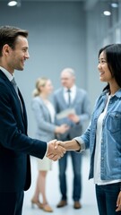 A man and woman shaking hands in a business setting, AI