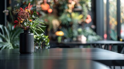 Fototapeta premium A vase of red flowers sits on a black table in a cafe or restaurant setting. The vase is black and the flowers are red and green. The background is blurry and shows greenery and other tables.