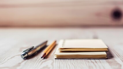 A pencil, notebook and pen on a wooden table, AI
