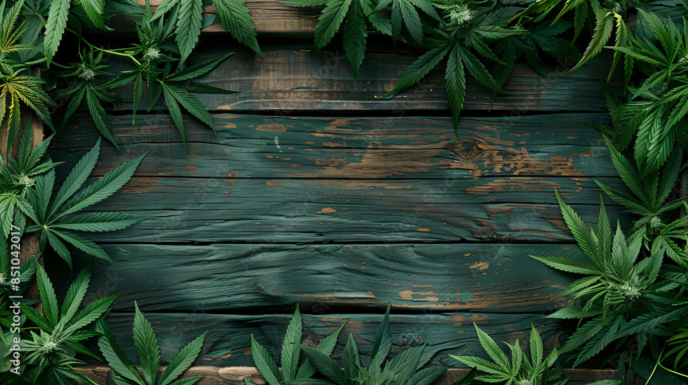 Poster crafting a captivating setting with lush green cannabis leaves surrounding a rustic wooden backgroun