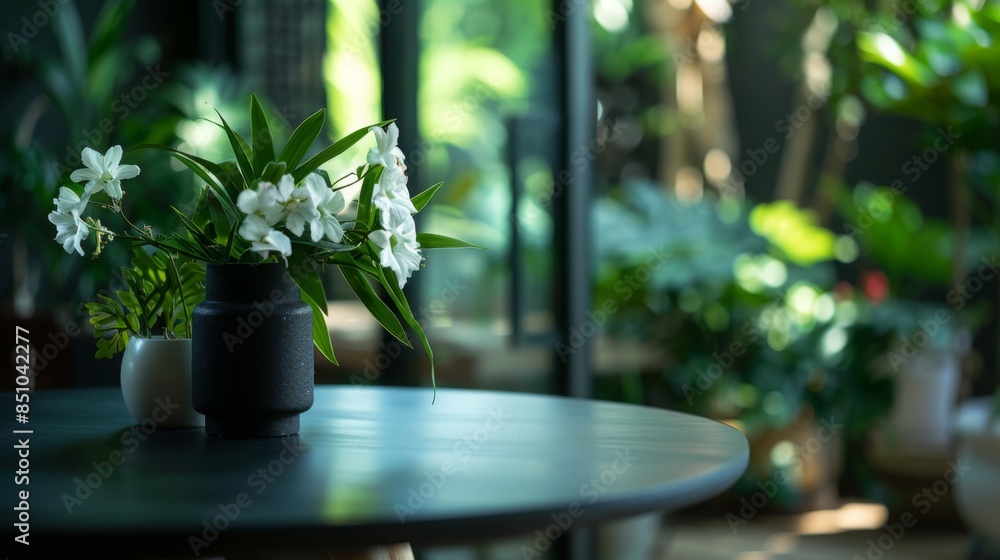 Poster a bouquet of white flowers in a vase sits on a round table in a room with large windows overlooking 
