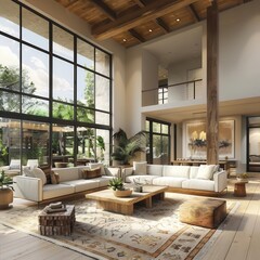 Luxurious modern living room with large windows, natural light, and elegant furnishings creating a spacious, open-concept interior design.