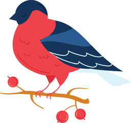 Red bird perched branch holding berries cartoon style. Vibrant red cute bird blue wings tail naturethemed illustration. Chubby cartoon bullfinch isolated white background berries peaceful scene