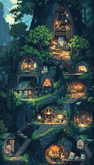 Fototapeta premium Enchanting treehouse village nestled within a serene forest, illuminated warmly at night, capturing a whimsical, cozy fairy tale atmosphere.
