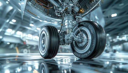 Obraz premium Close-up of aircraft landing gear in a bright, clean hangar. Detailed view of airplane wheels and mechanical parts.