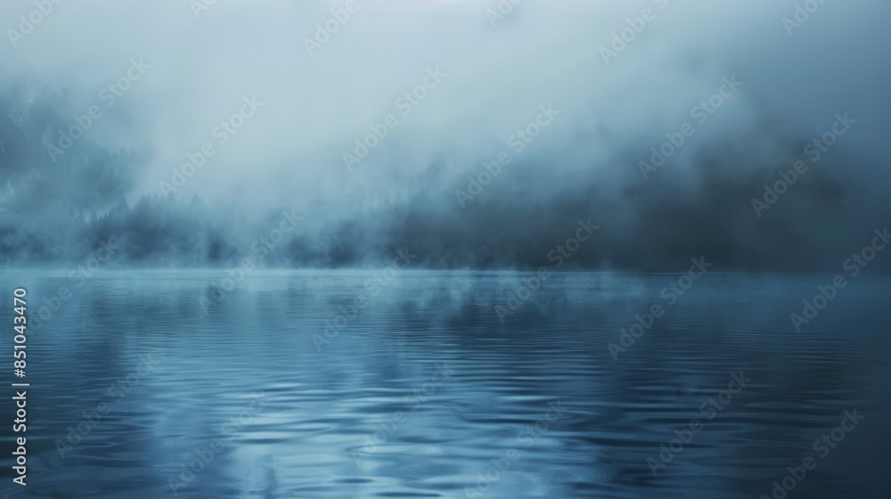 Wall mural dense fog over serene lake blue-gray ethereal ambiance - Wall murals