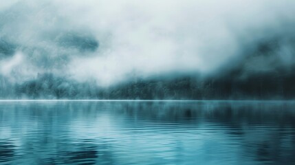 Serene lake with blue-gray fog ethereal feel