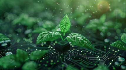 Green sprout on a computer chip. Organic digital background created, virtual screen