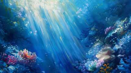 Obraz premium Underwater blue coral sunlight filtering through waves