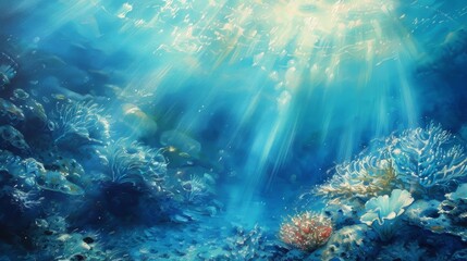 Fototapeta premium Blue coral illuminated by sunlight underwater scene