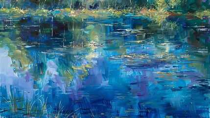 Tranquil lake with azure sky reflections impressionistic