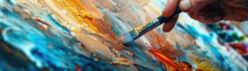 Close-up of a hand painting with a brush on a colorful canvas, capturing the creativity and craftsmanship in abstract art and vibrant colors.