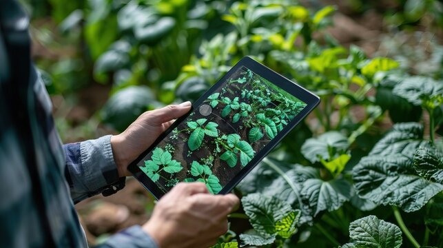 person using digital tablet for digital farming - digital workflow and stream lined processes in agriculture, virtual screen 