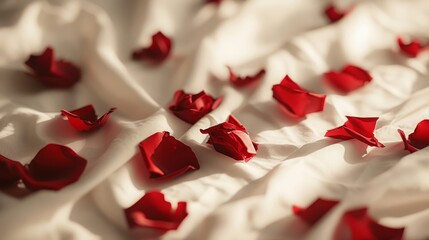 Soft-focus red rose petals on linen romantic