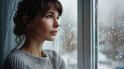 a sad woman gazing through a rain-streaked window, lost in thought on a melancholic rainy day.