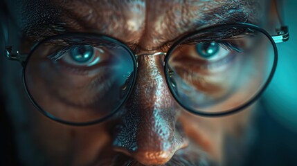 Intense close-up of a man with glasses staring ahead, showing determination and focus with a dramatic teal and orange lighting effect.