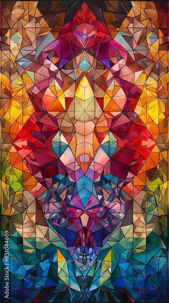 Poster vibrant abstract geometric stained glass pattern with colorful shapes and intricate design creating 