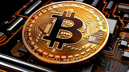 Background Symbol Image Dynamic Image of Golden Bitcoins on a High-Tech Circuit Board Background Illustrating the Integration of Cryptocurrency with Advanced Technology for Modern Financial