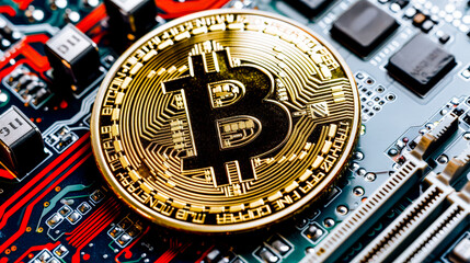 Naklejka premium Background Symbol Image Dynamic Image of Golden Bitcoins on a High-Tech Circuit Board Background Illustrating the Integration of Cryptocurrency with Advanced Technology for Modern Financial