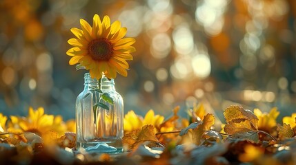   A vase with a sunflower rests on the ground amidst scattered leaves, while a blurry background adds depth to the scene