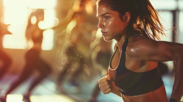 A woman runs on a treadmill, focused and determined, during a high-intensity workout session indoors.