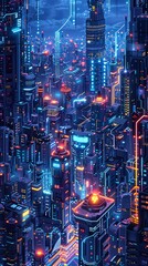 Futuristic cityscape with neon lights and towering skyscrapers at night, showcasing a vibrant and technologically advanced city.