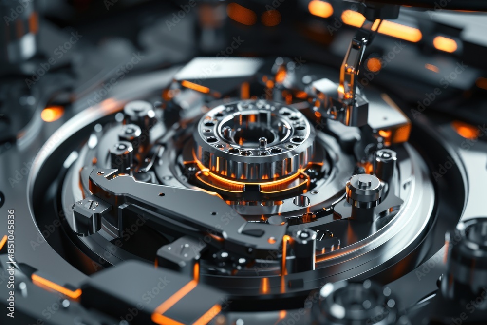 Poster futuristic mechanical part with glowing orange elements, showcasing advanced technology and intricat