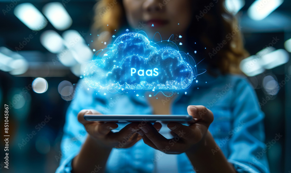 Poster professional showcasing cloud computing concept of platform as a service (paas) with virtual interfa