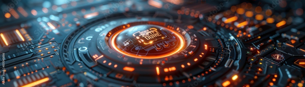 Poster futuristic digital technology background showcasing glowing circular interface elements in vibrant c