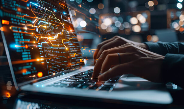 Coding Programmer Working on Laptop with Circuit Board and JavaScript on Virtual Screen - Software Development, Digital Technology Concept