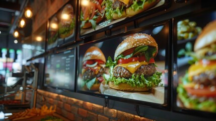 A close-up view of a restaurant menu display featuring several large screen televisions showing mouthwatering images of gourmet burgers.