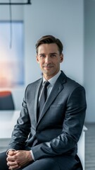 Fototapeta premium A man in a suit sitting at an office desk, AI