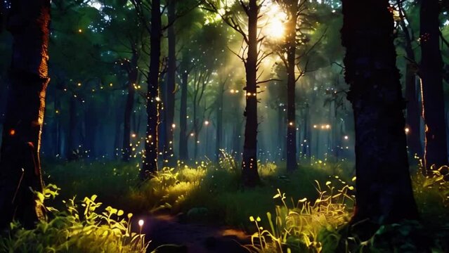 Fairy tale magical morning forest with glowing fireflies. Magical particles swirl among the fantastically enchanted trees. Mystical woods. High quality 4k footage