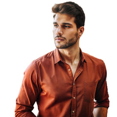 Fototapeta premium Young Man Wearing a Brown Button-Down Shirt With a Casual Pose on Transparent Background